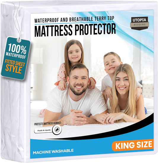 Utopia Bedding King Size Mattress Protector - Waterproof Terry Cover with Deep Pockets | Soft & Breathable