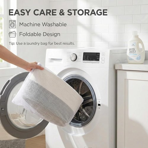 **JMvicyroam Extra Large Woven Cotton Rope Blanket Basket - Stylish Laundry Hamper with Reinforced Handles | Machine Washable, White & Grey**