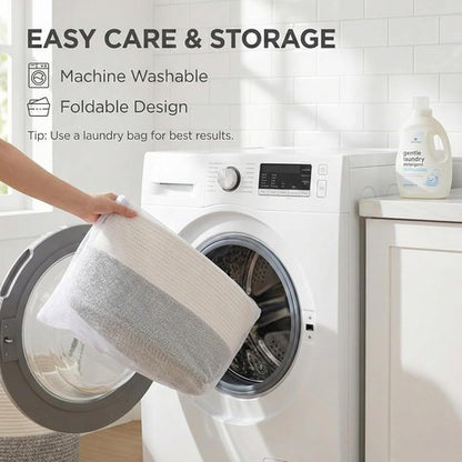 **JMvicyroam Extra Large Woven Cotton Rope Blanket Basket - Stylish Laundry Hamper with Reinforced Handles | Machine Washable, White & Grey**