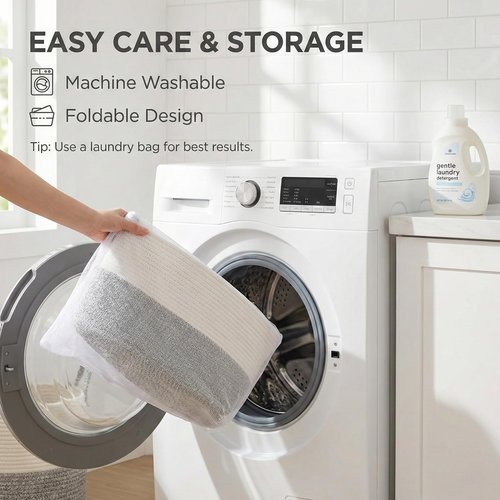 JMvicyroam 65L Extra Large Blanket Basket for Living Room - Woven Cotton Rope Laundry Hamper with Reinforced Handles - Storage Bin for Pillows, Comforters & Toys - Machine Washable,White&Grey