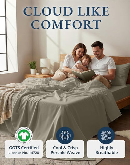 Lane Linen 100% Organic Cotton Queen Sheets - Soft, Naturally Cooling Percale Set in Silver