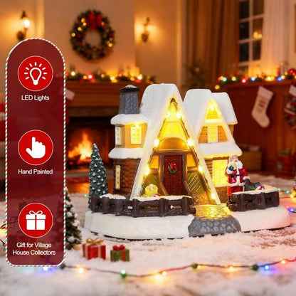 LED Lighted Village House - 6.9 Inch Triangular Christmas Decoration with Santa Claus Statue