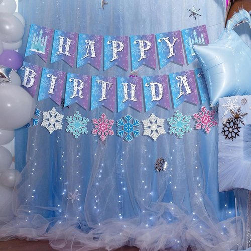 Fanfanwin Snowflake Birthday Banner Set - 5 Pcs Blue Felt Castle Decorations for Winter Celebrations