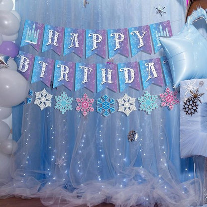 Fanfanwin Snowflake Birthday Banner Set - 5 Pcs Blue Felt Castle Decorations for Winter Celebrations