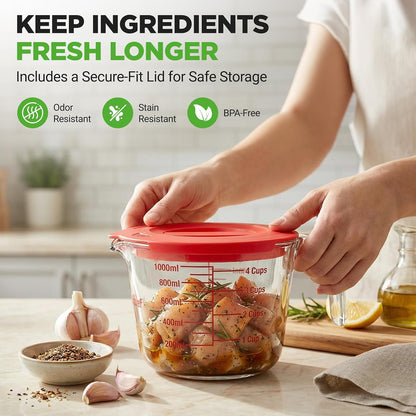 NutriChef Glass Measuring Cup Set - Heat-Resistant Borosilicate with Lids | 2 & 4 Cups (17 & 34 oz)