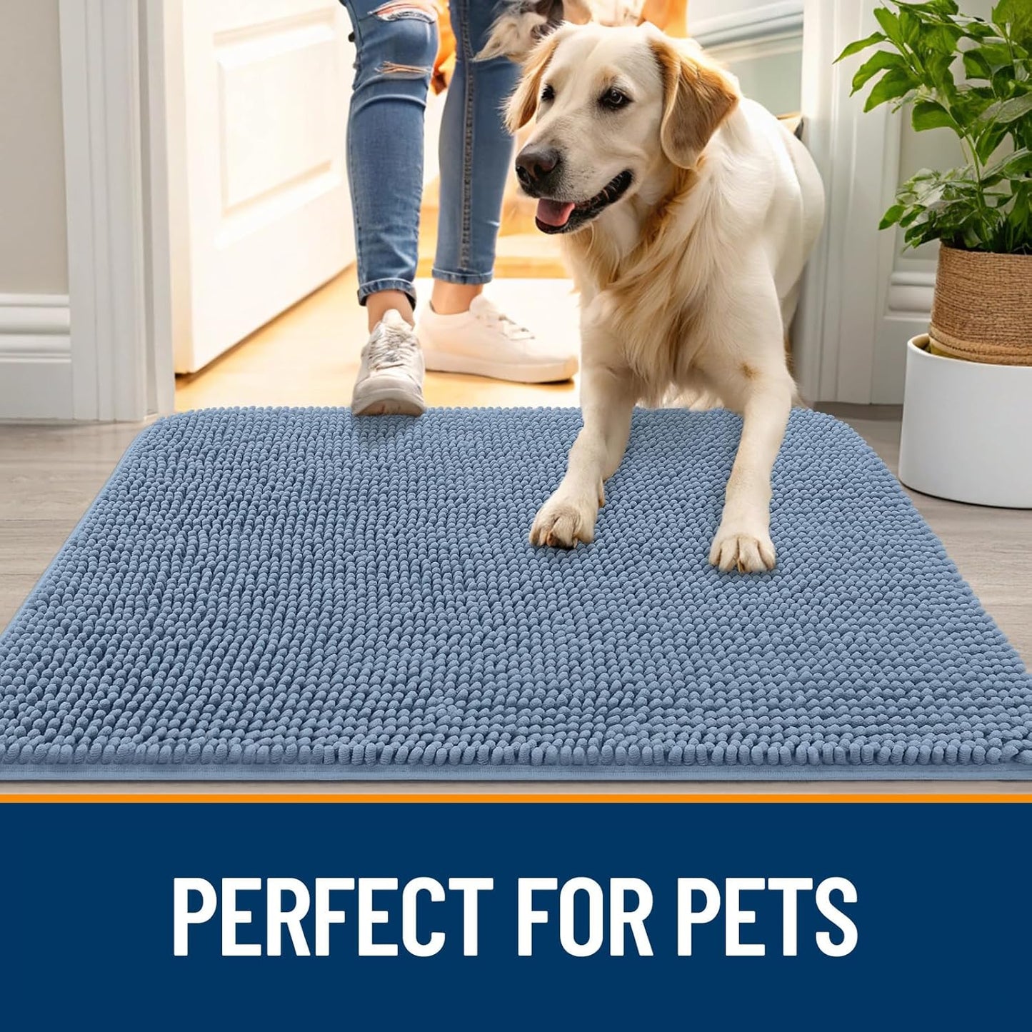OLANLY Dog Door Mat - Absorbent Non-Slip Chenille for Muddy Paws | Quick Dry 47x17, Airy Blue