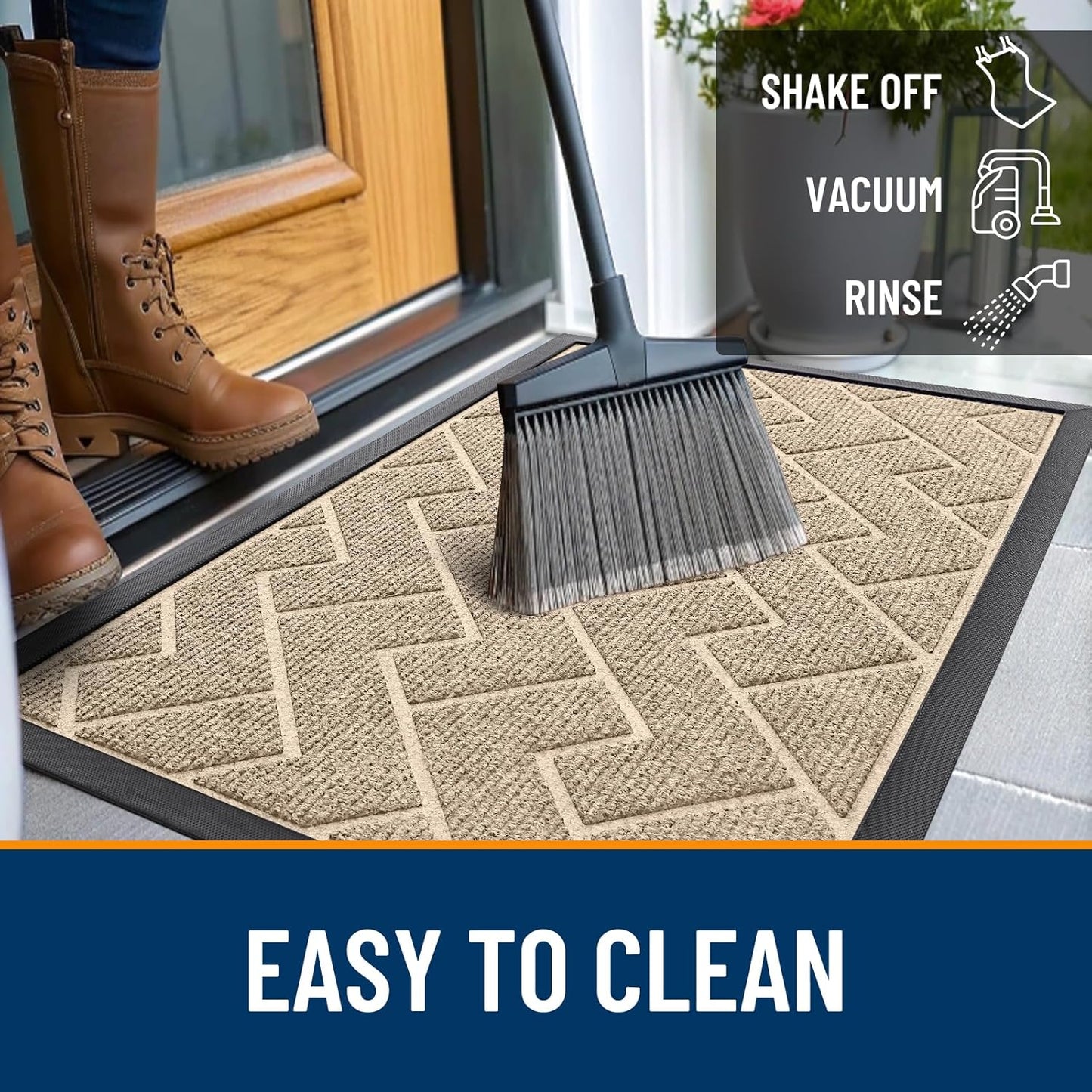 OLANLY Waterproof Front Door Mat - All-Season Indoor/Outdoor Doormat, Easy Clean Herringbone Brick (Beige, 59x35)