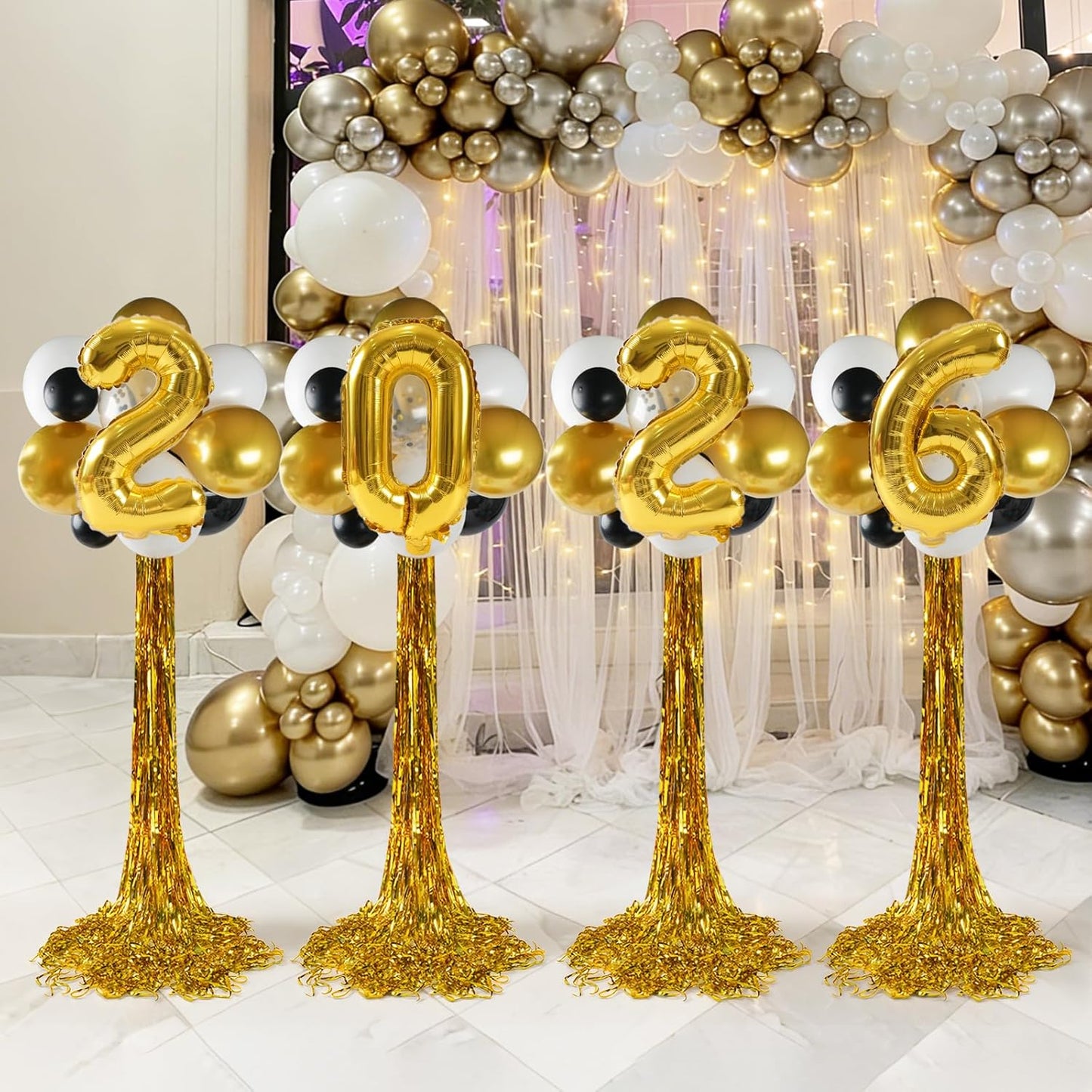 2026 Graduation Balloon Columns Kit - Set of 4 Stands with Gold Fringe Curtain for Party Decor