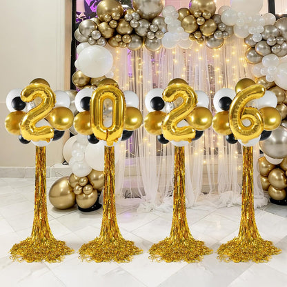 2026 Graduation Balloon Columns Kit - Set of 4 Stands with Gold Fringe Curtain for Party Decor