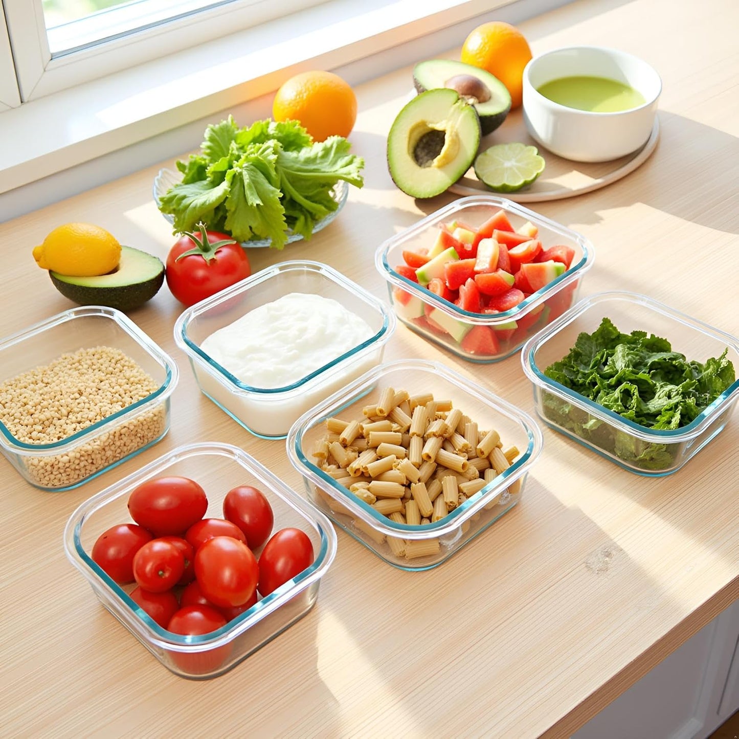 Skiennix 2-Cup Square Glass Food Storage Containers - Airtight, Leak-Proof, BPA-Free | 16oz Meal Prep Bowls