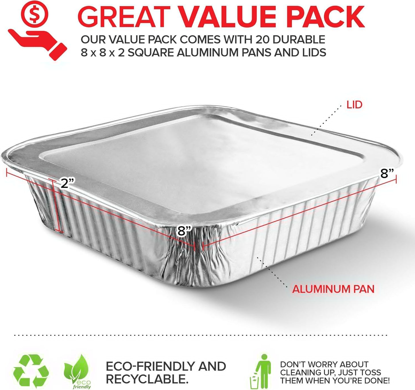 Stock Your Home 8x8 Foil Pans with Lids - 20 Pack Aluminum Disposable Baking & Cooking Containers