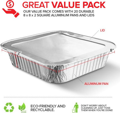 Stock Your Home 8x8 Foil Pans with Lids - 20 Pack Aluminum Disposable Baking & Cooking Containers