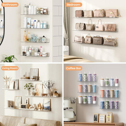 Upsimples 6 Pack Acrylic Floating Shelves - 15" x 4" Wall Storage for Kids' Rooms & Home Decor | Clear Display Shelf