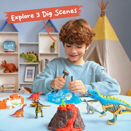 JOVA 3-in-1 Dinosaur Fossil Digging Kit - STEM Learning Toy with Glow-in-the-Dark Dinosaurs & Sensory Play Sand | DIY Craft for Kids 6+