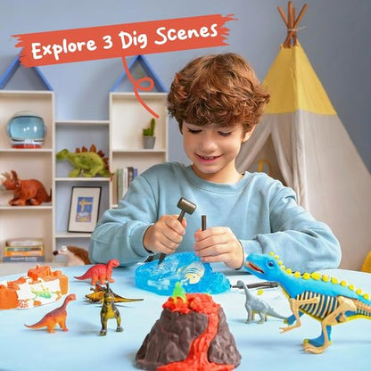 JOVA 3-in-1 Dinosaur Fossil Digging Kit - STEM Learning Toy with Glow-in-the-Dark Dinosaurs & Sensory Play Sand | DIY Craft for Kids 6+