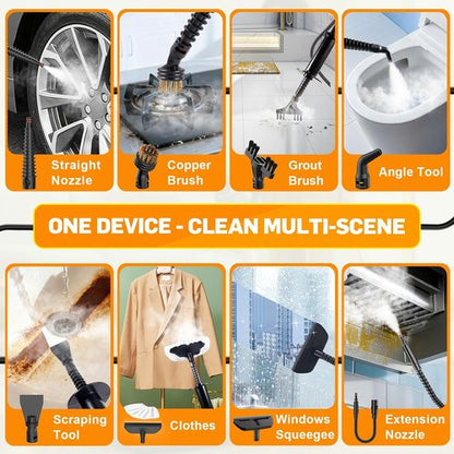 Handheld Steam Cleaner - 15s Heat-Up, 3-Level Adjustable Steam, 14 Accessories | Multi-Surface, Chemical-Free (Grey)