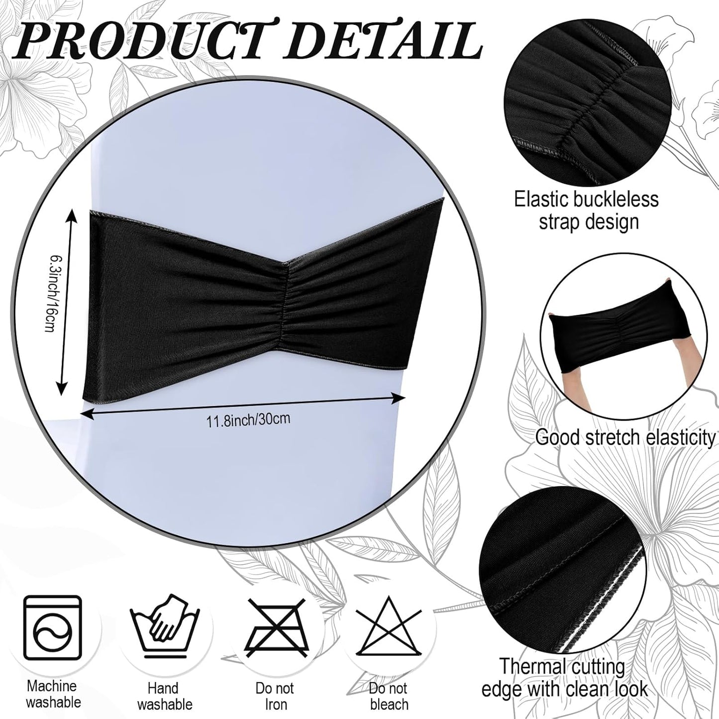 Moukeren Spandex Chair Sashes - 150 Pcs Elastic Ribbon Seat Ties for Weddings & Events | Black