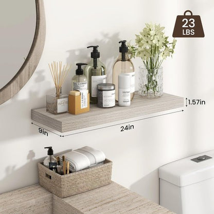 Heimlove 24-Inch Floating Shelves - Rustic Wood Wall-Mounted Bathroom & Home Decor | Set of 2, Grey