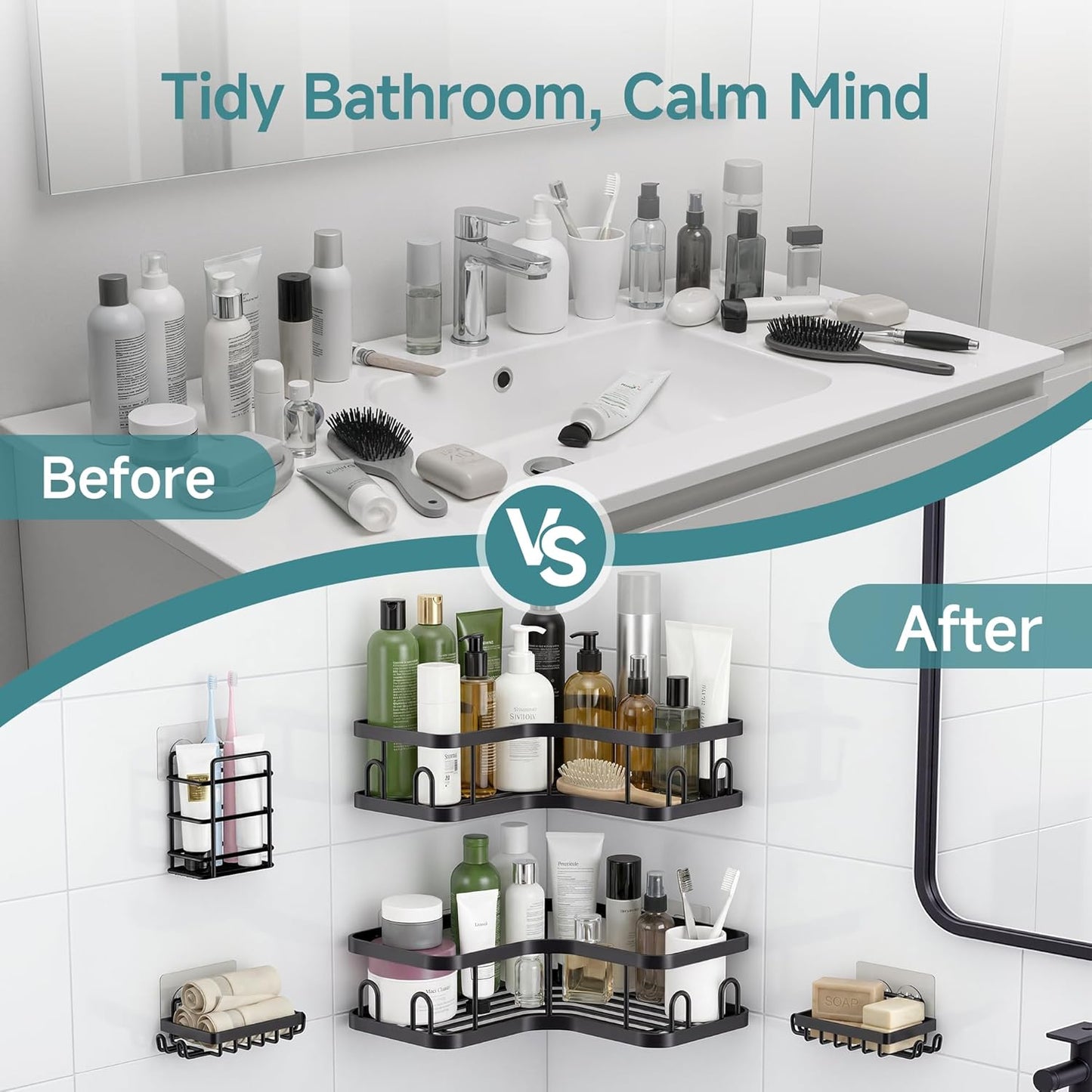 Veken Corner Shower Caddy - Rustproof Wall-Mounted Organizer with Soap Holder | 6-Pack, Black