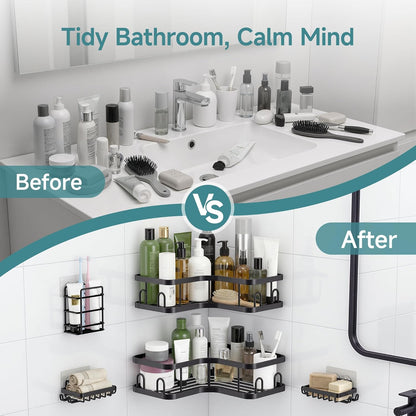 Veken Corner Shower Caddy - Rustproof Wall-Mounted Organizer with Soap Holder | 6-Pack, Black