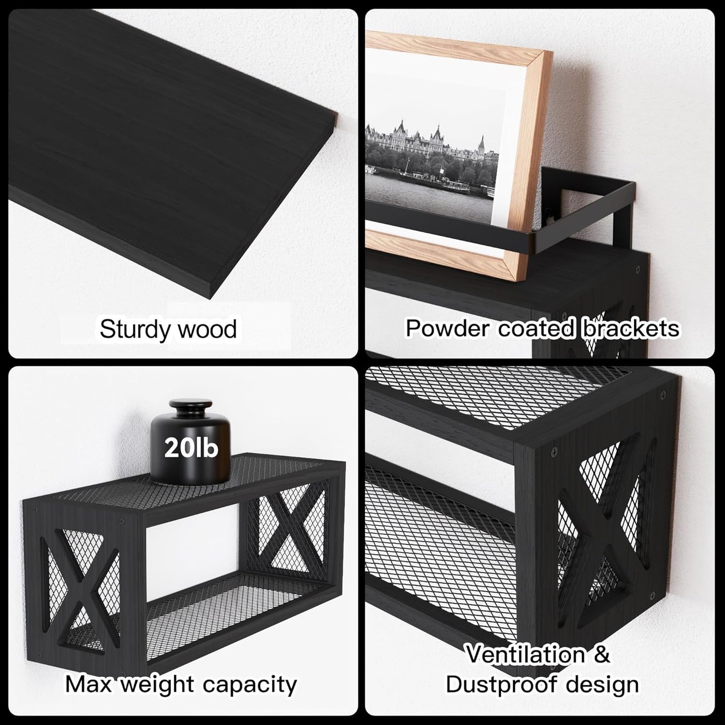 RICHER HOUSE Floating Shelves - Rustic Wood Wall Décor with Guardrail for Bathroom & Kitchen - Black
