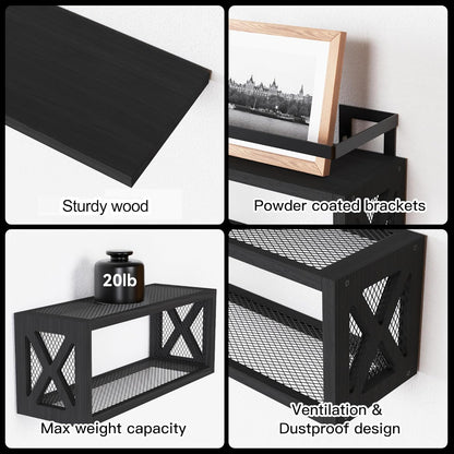 RICHER HOUSE Floating Shelves - Rustic Wood Wall Décor with Guardrail for Bathroom & Kitchen - Black