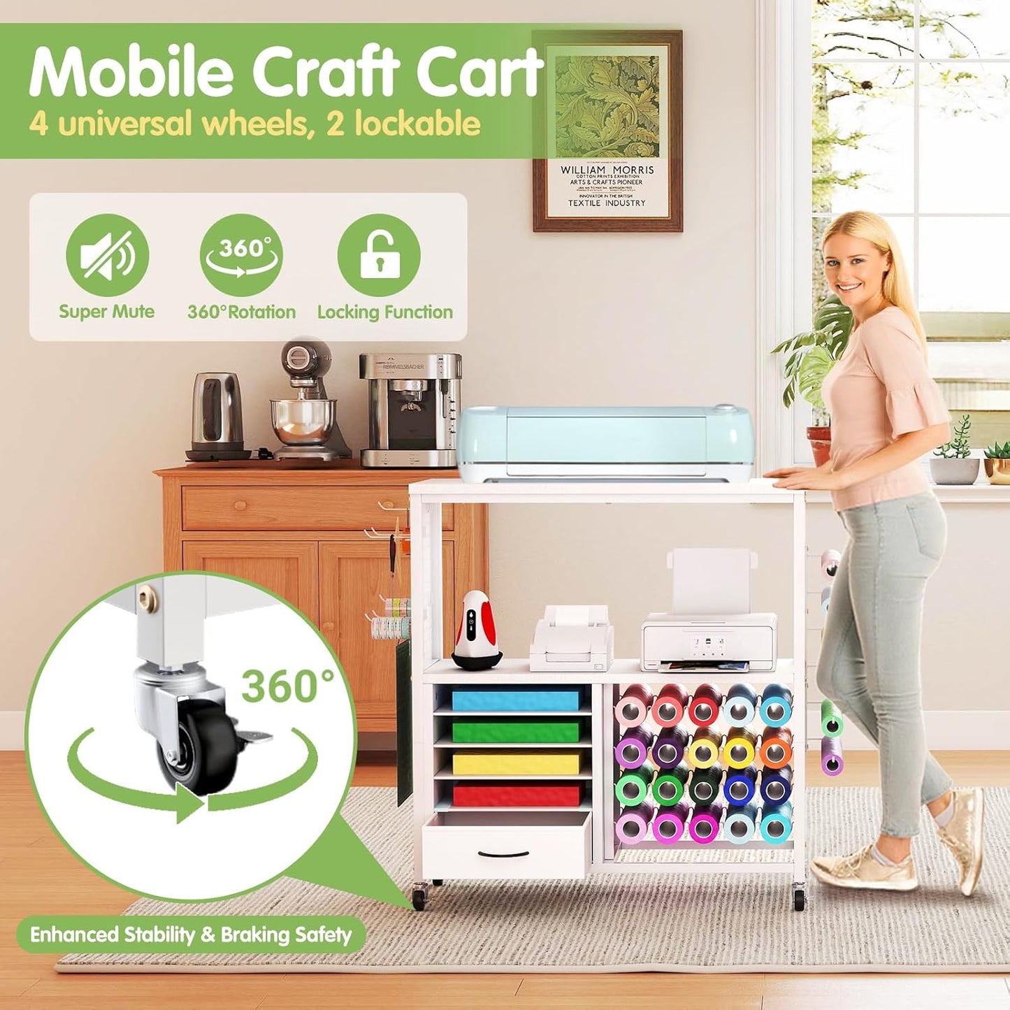 Skiennix Craft Storage Cart - Mobile Table with Vinyl Roll Holder & Drawers | Ideal for Studios & Offices