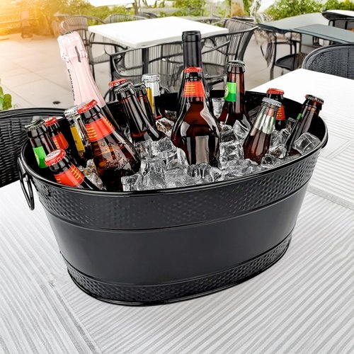 BREKX Colt Black Galvanized Beverage Tub with Handles, 16-Bottle Metal Bucket Ice Cooler to Chill Drinks, Oval Metal Basket for Drinks or Storage Bin - 15 Quarts (4 Gallon)