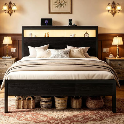 SHA CERLIN Full Bed Frame with 2-Tier LED Headboard & USB-C Charging, Black Oak