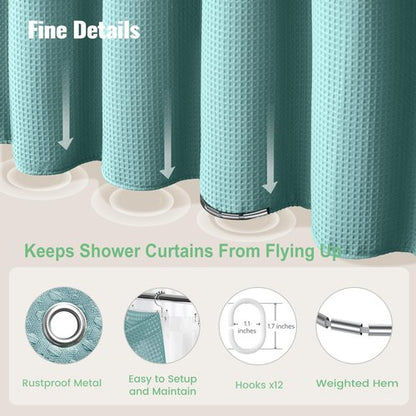 Dynamene Teal Shower Curtain and Liner Set, Waffle Weave Fabric, Waterproof Clear Liner, 256GSM Heavy Duty Weighted Hotel Luxury Cloth Shower Curtains for Bathroom with 12 Plastic Hooks, 72Wx72H