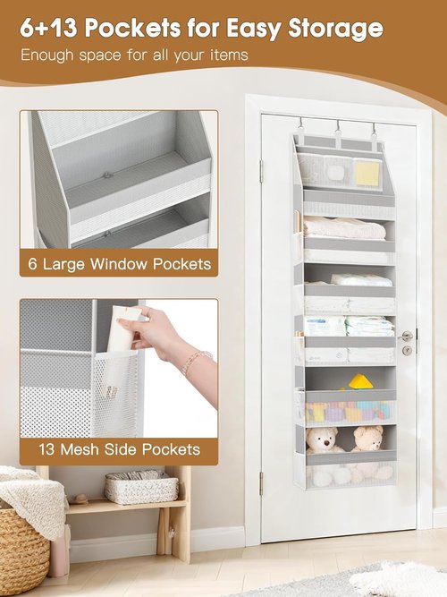 Criusia Over The Door Organizer - Heavy-Duty 6-Shelf Storage with 13 Mesh Pockets | 55lbs Capacity, Grey