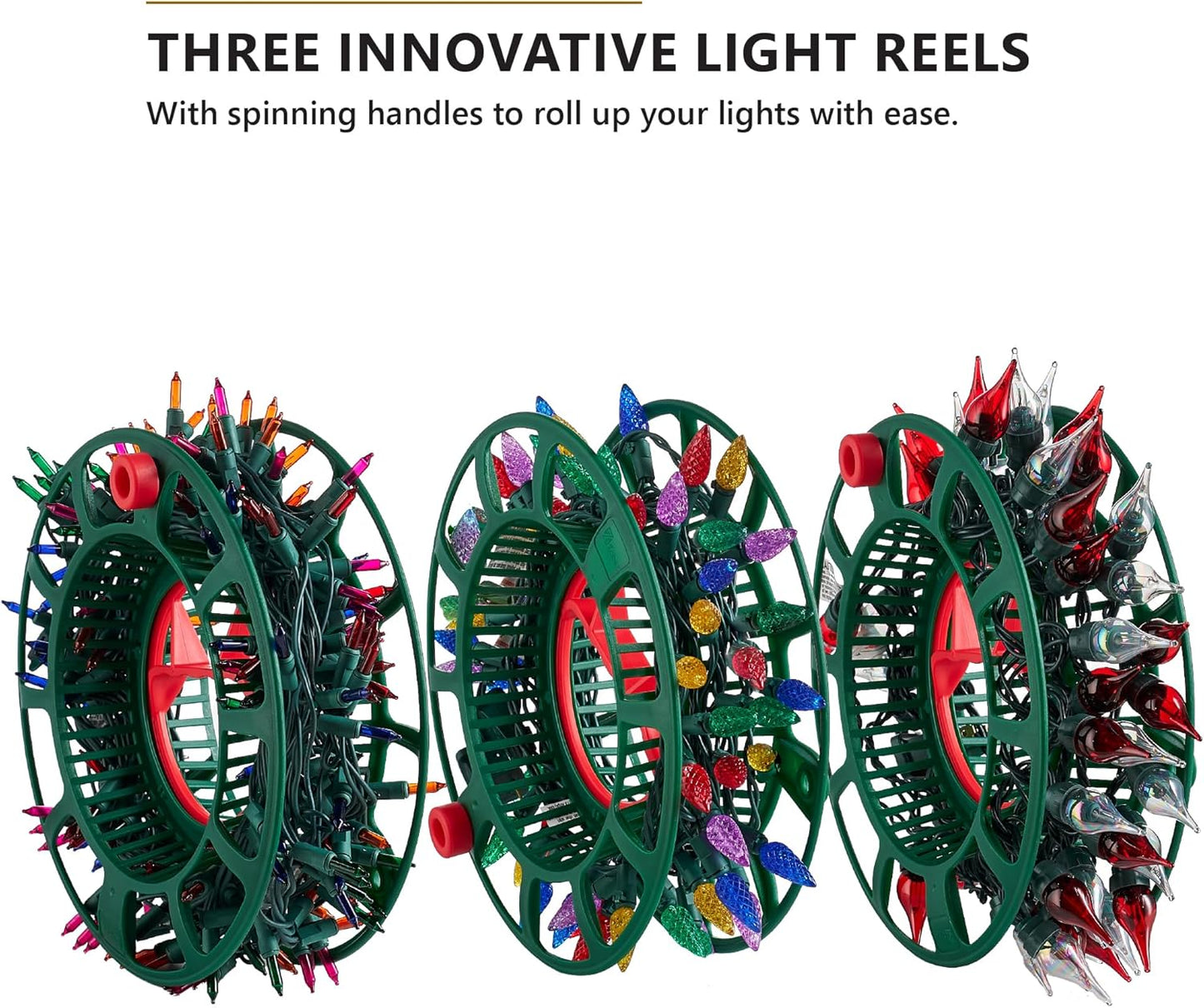 ZOBER Christmas Light Storage Reels - Durable Organizer with 3 Wheels - Fits 200 Mini Lights - Red