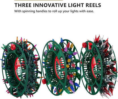 ZOBER Christmas Light Storage Reels - Durable Organizer with 3 Wheels - Fits 200 Mini Lights - Red