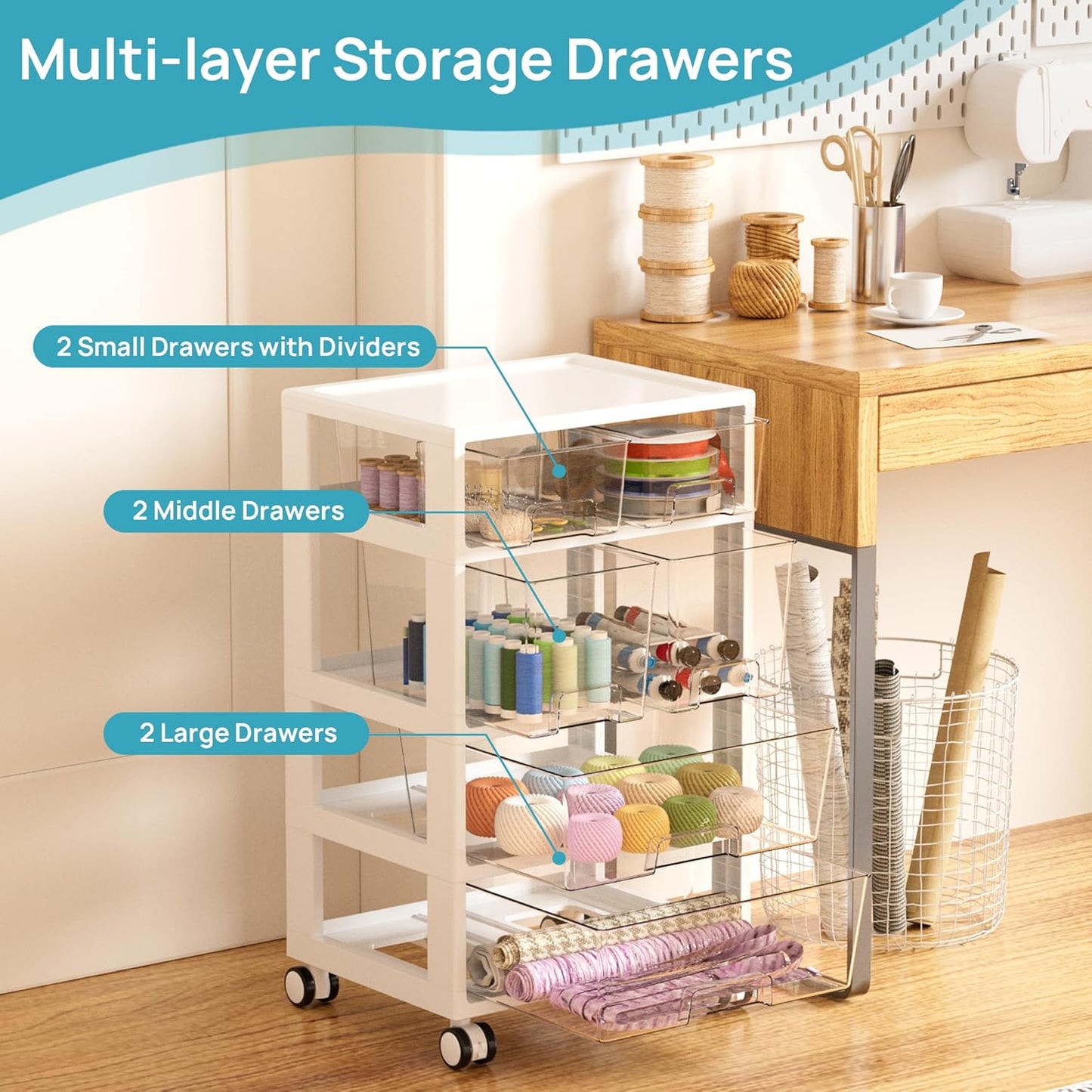 Vtopmart Plastic Drawer Organizer - 4-Tier Storage with 6 Drawers & Wheels | Clear for Office & Crafts
