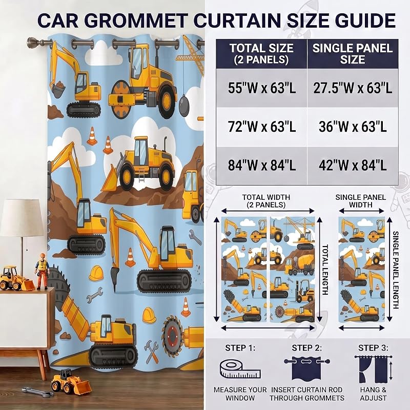 Cartoon Car 55x63 In. Kids Blackout Curtains for Boys Bedroom - 2 Panels, Truck Theme