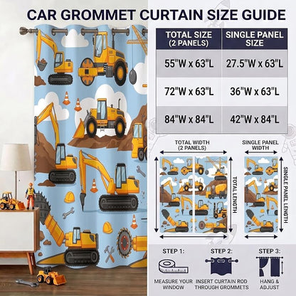 Cartoon Car 55x63 In. Kids Blackout Curtains for Boys Bedroom - 2 Panels, Truck Theme