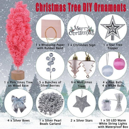 Juegoal 24-Inch Pink Mini Christmas Tree - Lighted Tabletop Artificial Pine with 50 LED Lights | Battery Operated & Timer for Holiday Decor