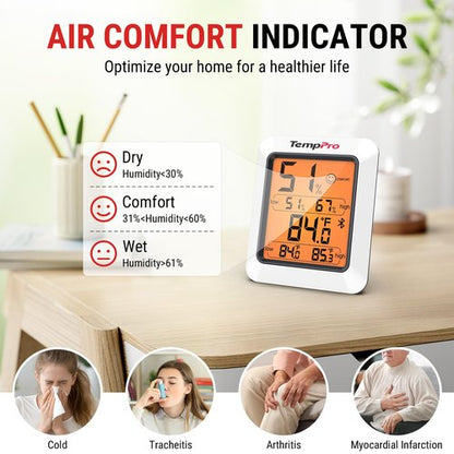 TempPro Hygrometer Thermometer for House, Bluetooth Room Indoor Greenhouse Thermometer Monitor Up to 260FT, Backlit Humidity Meter Temperature Sensor with 2-Year Data Export(Previously ThermoPro)
