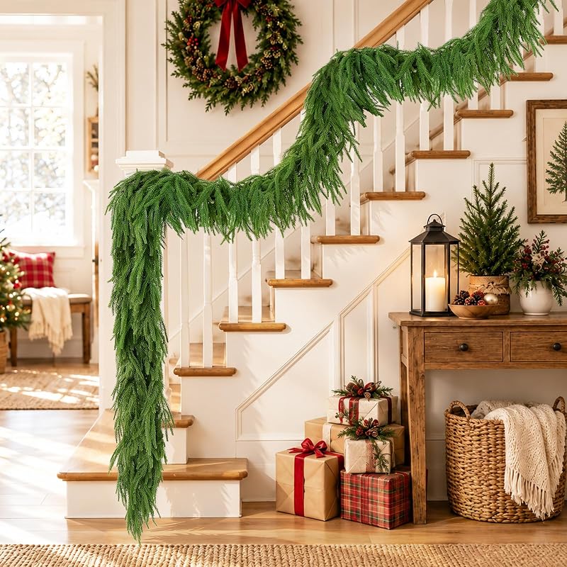 4Pcs 9Ft Christmas Norfolk Pine Garland - Faux Greenery for Mantle (Variation: 4+9 FT)