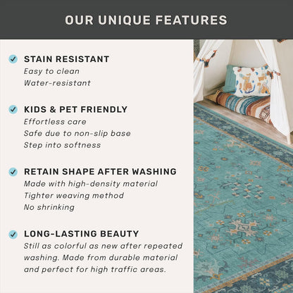 Skiennix Teal Area Rug - Washable Non-Skid Design for Entryway, Kitchen, Bathroom | Boho Geometric 3x4 ft