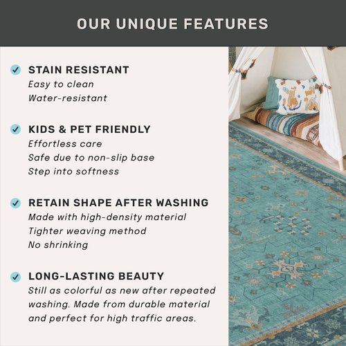 Washable Teal Rugs for Entryway Indoor - 3x5 Throw Rug for Large Kitchen, Bedroom Bedside, Bathroom, Mudroom, Boho Turquoise Modern Décor, Non Slip Low Pile Fade Resistant