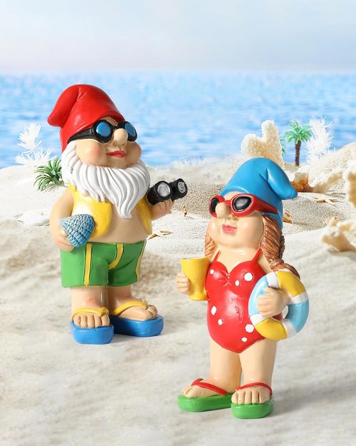 iStatue Beach Gnomes - Fun Resin Table Top Decorations with Swim Rings & Sunglasses | Set of 2 for Home & Garden