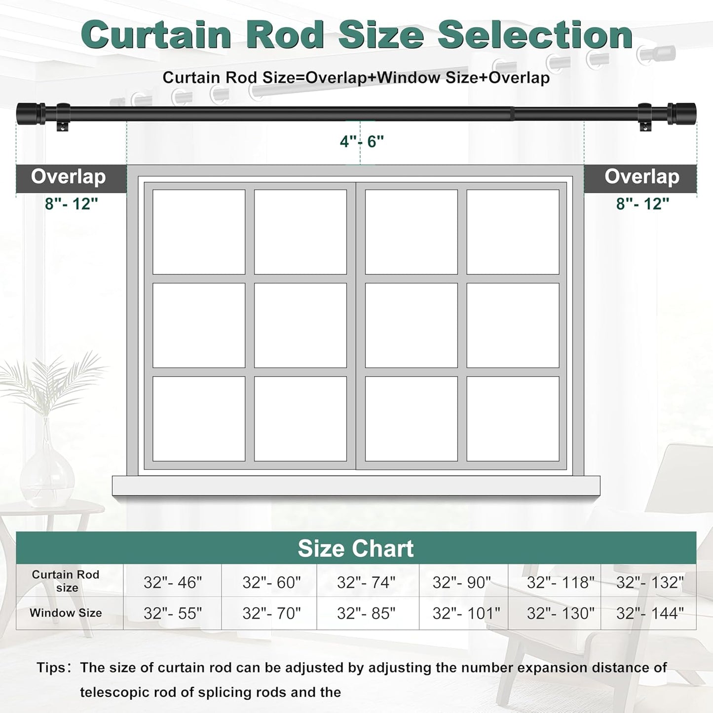 Ottsuls Curtain Rods - Adjustable 32-46 Inches | Heavy Duty Black Metal Set with Brackets