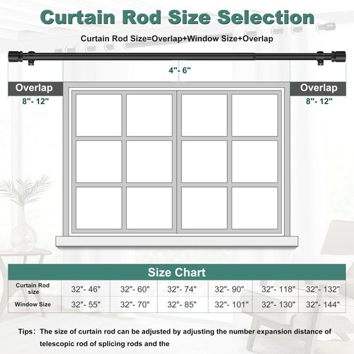 Ottsuls Curtain Rods for Windows, 32 to 46 or 58 Inches Max Adjustable Length, 1 Inch Diameter, Black Decorative Curtain Rod Set, Rustproof Heavy Duty Metal Pole with Brackets