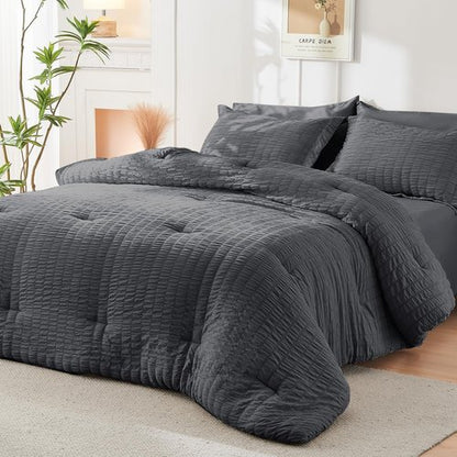HYMOKEGE California King Comforter Set Seersucker 7 Pieces, All Season Luxury Bed in a Bag for Bedroom, Bedding Set with Comforters, Sheets, Pillowcases & Shams, Dark Grey