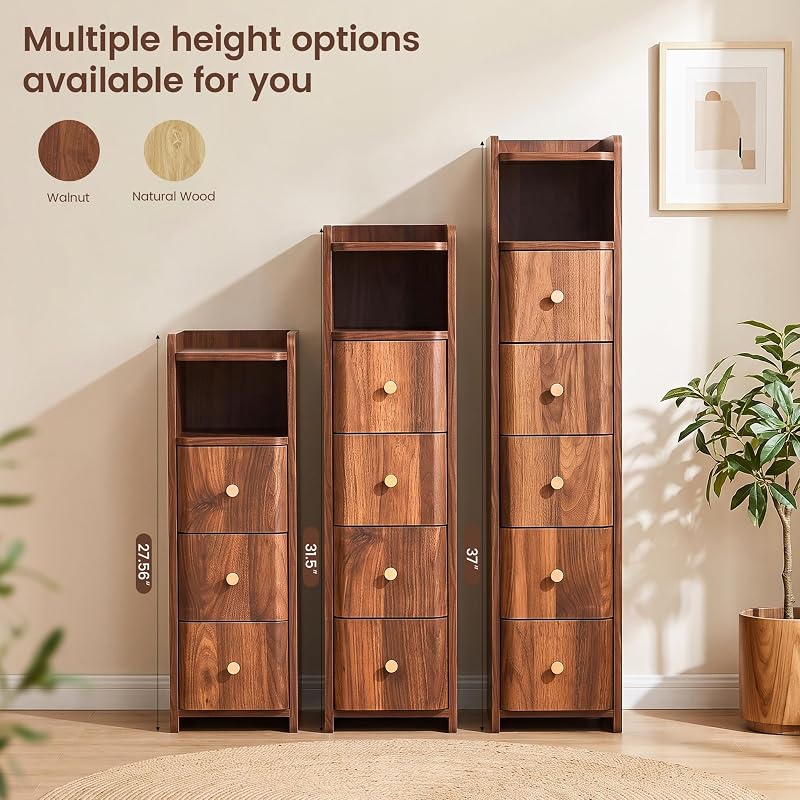 Walnut 3-Drawer Tall Nightstand - 27.56"H Narrow Bedside Storage, 7.87"W, 15.75"D