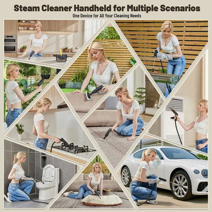 Gautye Steam Cleaner - Portable 3-Level Adjustable Handle | 15s Heat Up, 1.69 Quart Tank, 15 Accessories