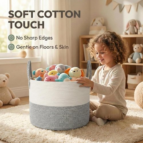 JMvicyroam 65L Extra Large Blanket Basket - Woven Cotton Rope Laundry Hamper with Reinforced Handles | Machine Washable White & Grey Storage Bin for Pillows, Comforters & Toys
