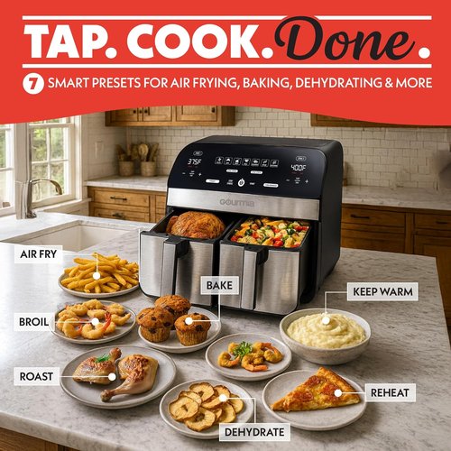 Gourmia Dual Basket Air Fryer - 10 Qt Large Capacity with FryForce360º & 7 Cooking Presets | Black