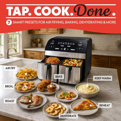 Gourmia Dual Basket Air Fryer - 10 Qt Large Capacity with FryForce360º & 7 Cooking Presets | Black
